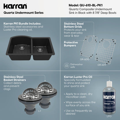 32-1/4" Undermount Double Offset Bowl Quartz Composite Kitchen Sink Kit In Black
