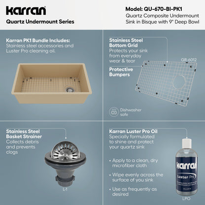 31-5/8" Undermount Large Single Bowl Quartz Composite Kitchen Sink Kit In Bisque