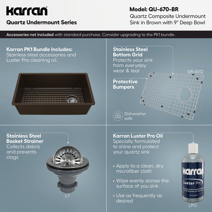 31-5/8" Undermount Large Single Bowl Quartz Composite Kitchen Sink In Brown