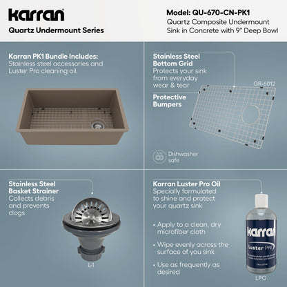 31-5/8" Undermount Large Single Bowl Quartz Composite Kitchen Sink Kit In Concrete