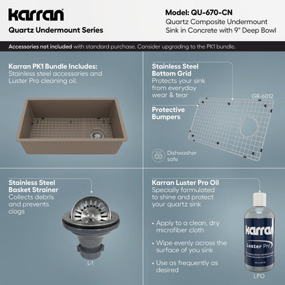 31-5/8" Undermount Large Single Bowl Quartz Composite Kitchen Sink In Concrete