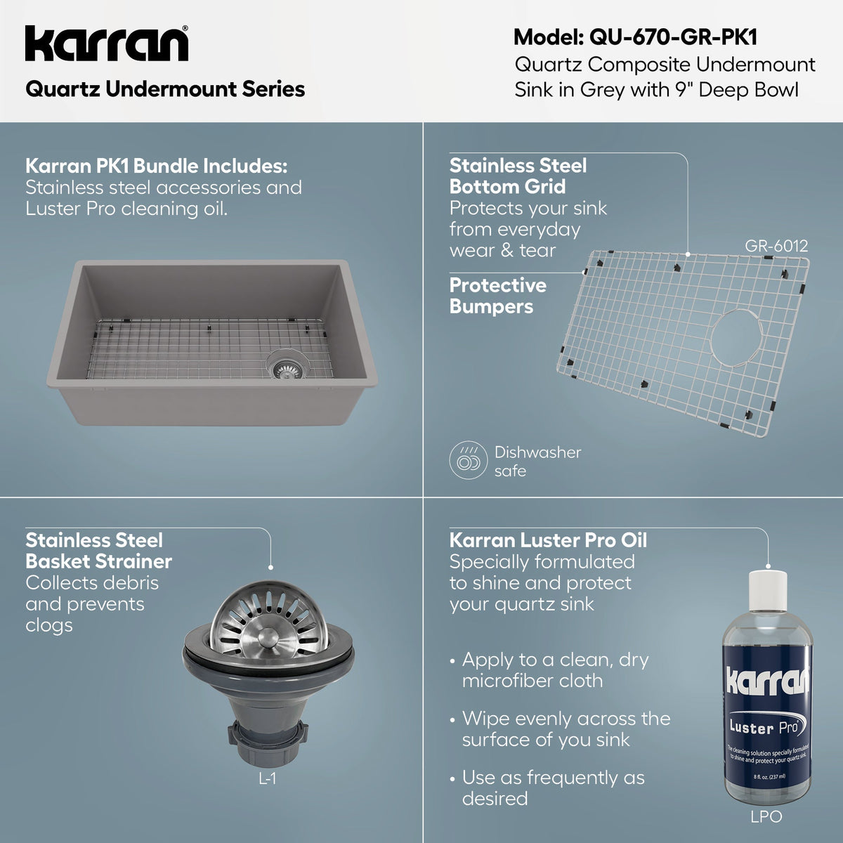 31-5/8" Undermount Large Single Bowl Quartz Composite Kitchen Sink Kit In Grey