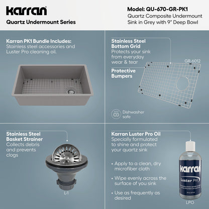 31-5/8" Undermount Large Single Bowl Quartz Composite Kitchen Sink Kit In Grey