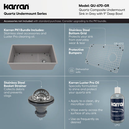31-5/8" Undermount Large Single Bowl Quartz Composite Kitchen Sink In Grey