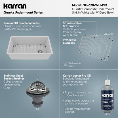 31-5/8" Undermount Large Single Bowl Quartz Composite Kitchen Sink Kit In White