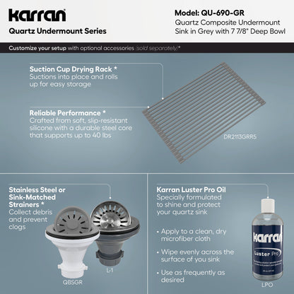 16-5/8" Undermount Quartz Composite Bar/Prep Sink In Grey