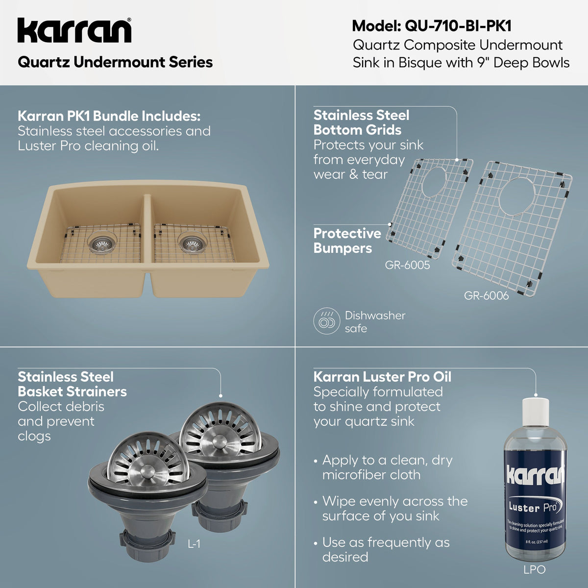 32-1/2" Undermount Double Equal Bowl Quartz Composite Kitchen Sink Kit In Bisque