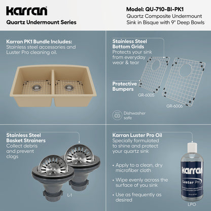 32-1/2" Undermount Double Equal Bowl Quartz Composite Kitchen Sink Kit In Bisque