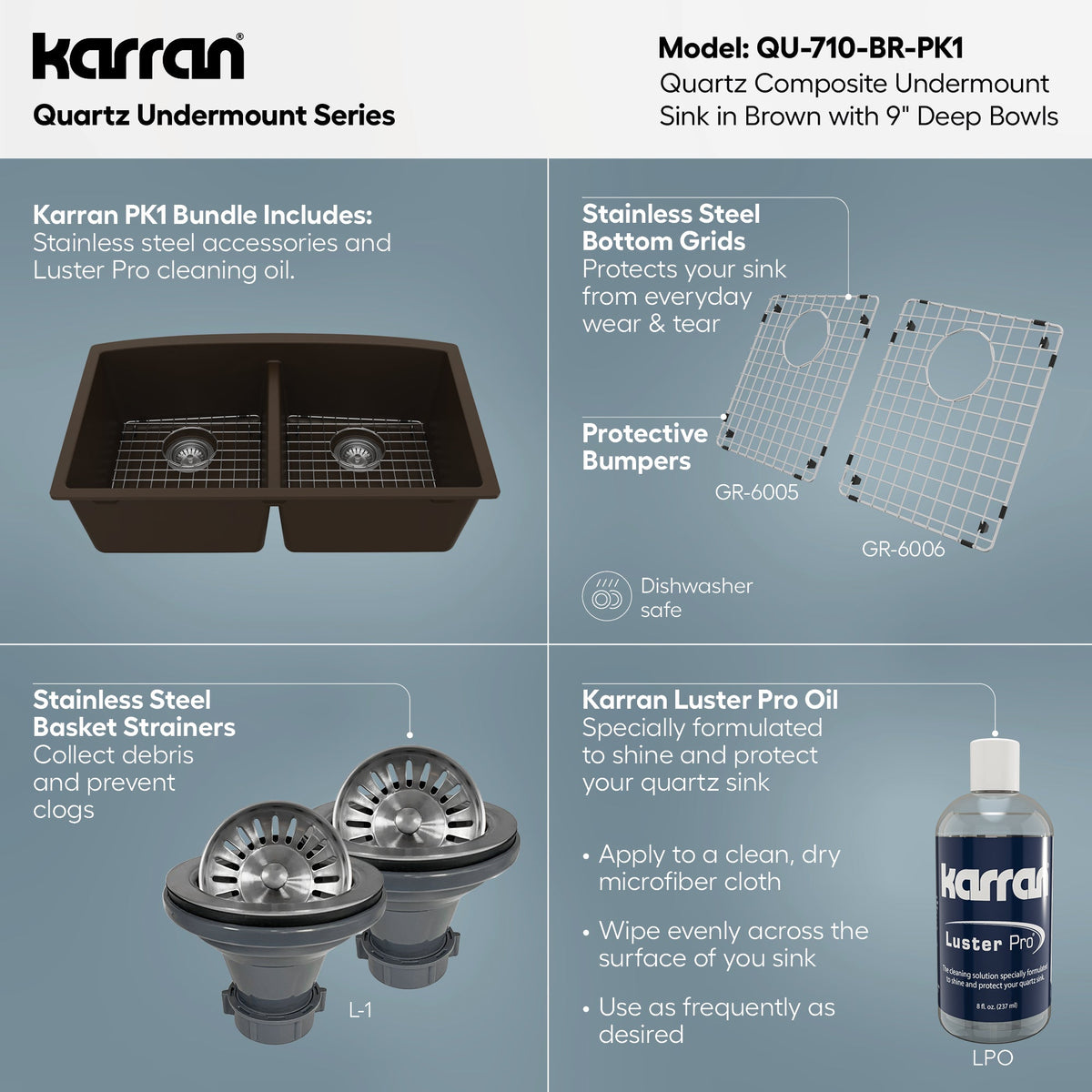 32-1/2" Undermount Double Equal Bowl Quartz Composite Kitchen Sink Kit In Brown