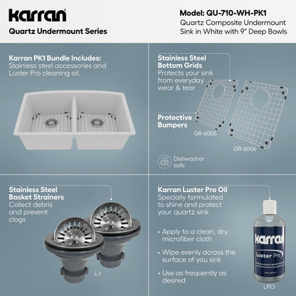 32-1/2" Undermount Double Equal Bowl Quartz Composite Kitchen Sink Kit In White