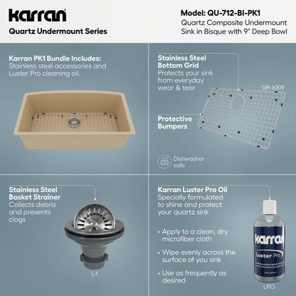 32-1/2" Undermount Large Single Bowl Quartz Composite Kitchen Sink Kit In Bisque