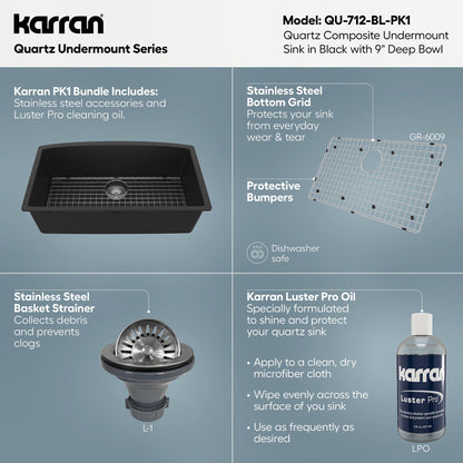32-1/2" Undermount Large Single Bowl Quartz Composite Kitchen Sink Kit In Black