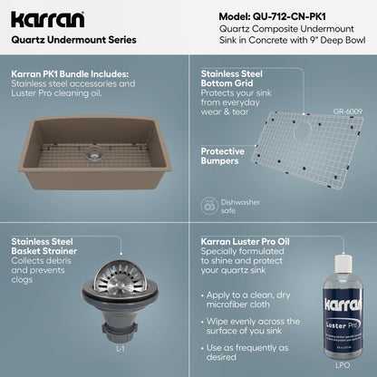 32-1/2" Undermount Large Single Bowl Quartz Composite Kitchen Sink Kit In Concrete