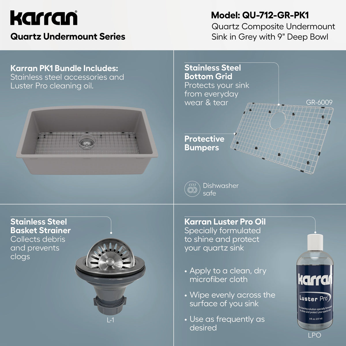 32-1/2" Undermount Large Single Bowl Quartz Composite Kitchen Sink Kit In Grey