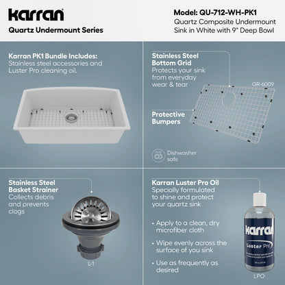 32-1/2" Undermount Large Single Bowl Quartz Composite Kitchen Sink Kit In White