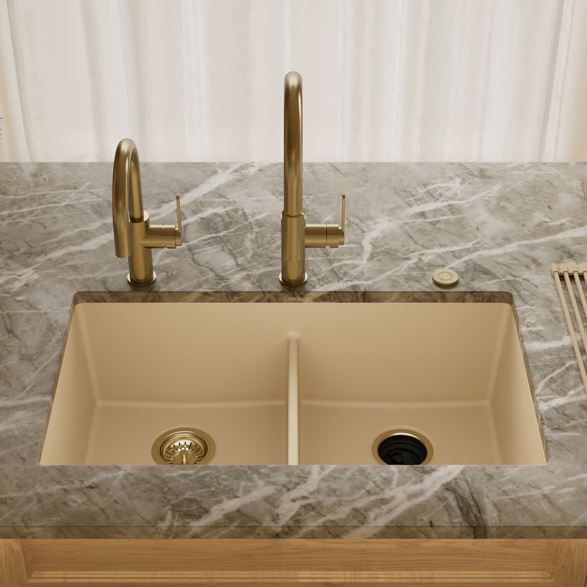 32-3/8" Undermount Double Equal Bowl Granite Kitchen Sink In Bisque