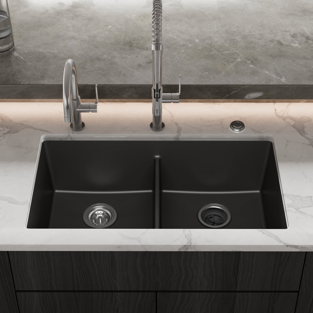 32-3/8" Undermount Double Equal Bowl Granite Kitchen Sink In Black