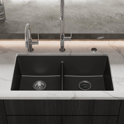 32-3/8" Undermount Double Equal Bowl Granite Kitchen Sink In Black