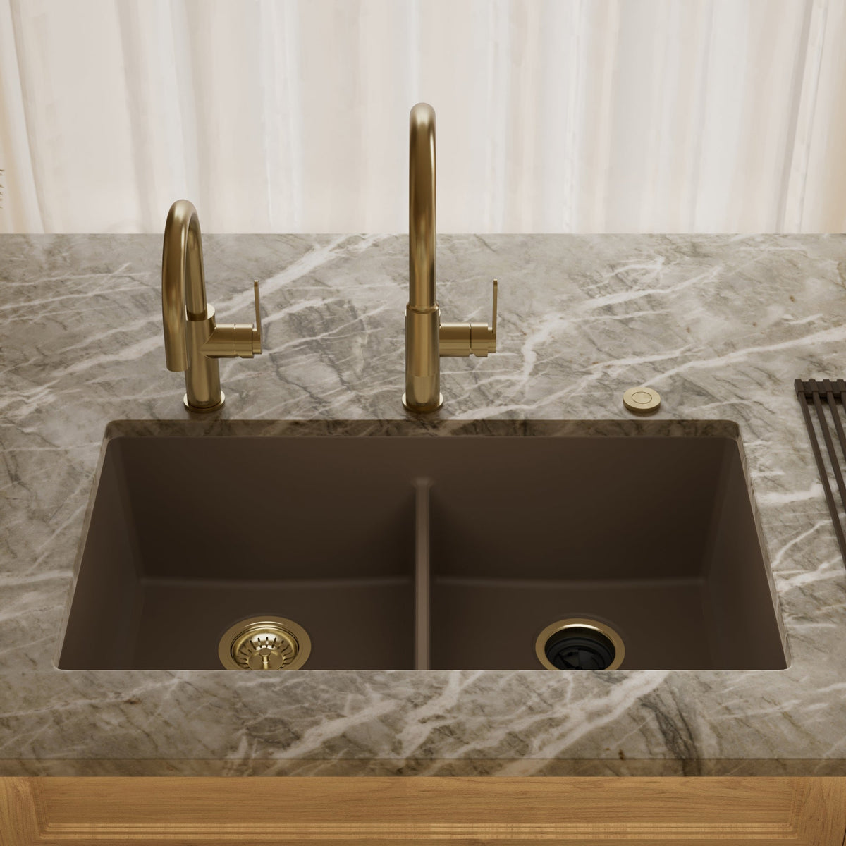 32-3/8" Undermount Double Equal Bowl Granite Kitchen Sink In Brown