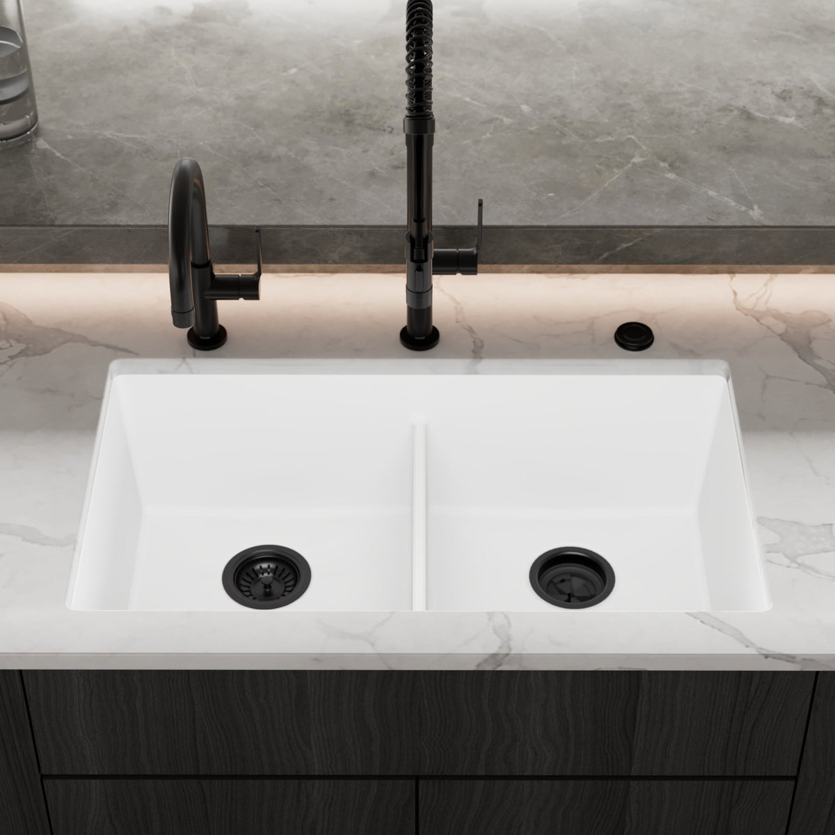32-3/8" Undermount Double Equal Bowl Granite Kitchen Sink In White