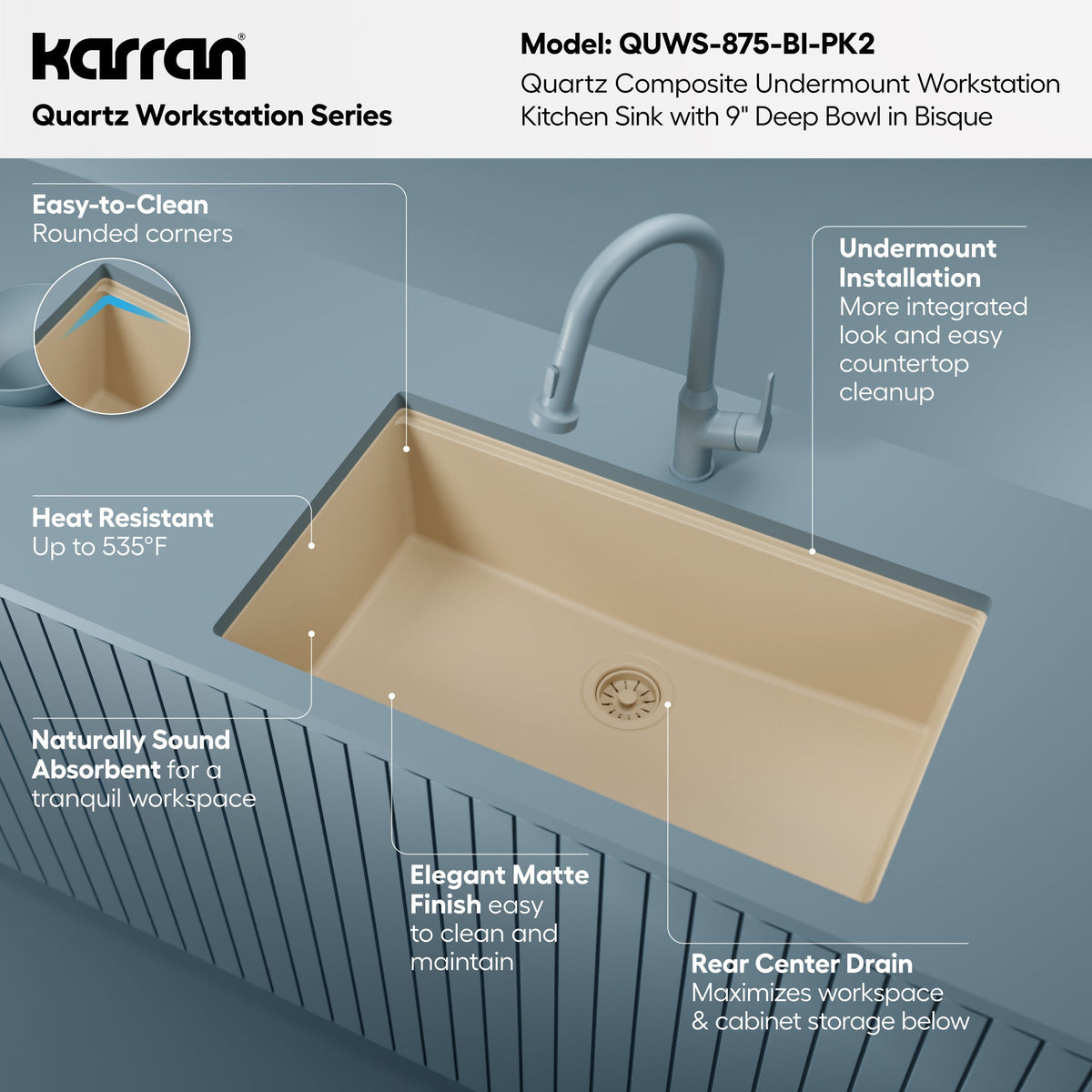 32" Undermount Single Bowl Quartz Kitchen Sink Kit In Bisque