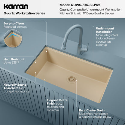 32" Undermount Single Bowl Quartz Kitchen Sink Kit In Bisque