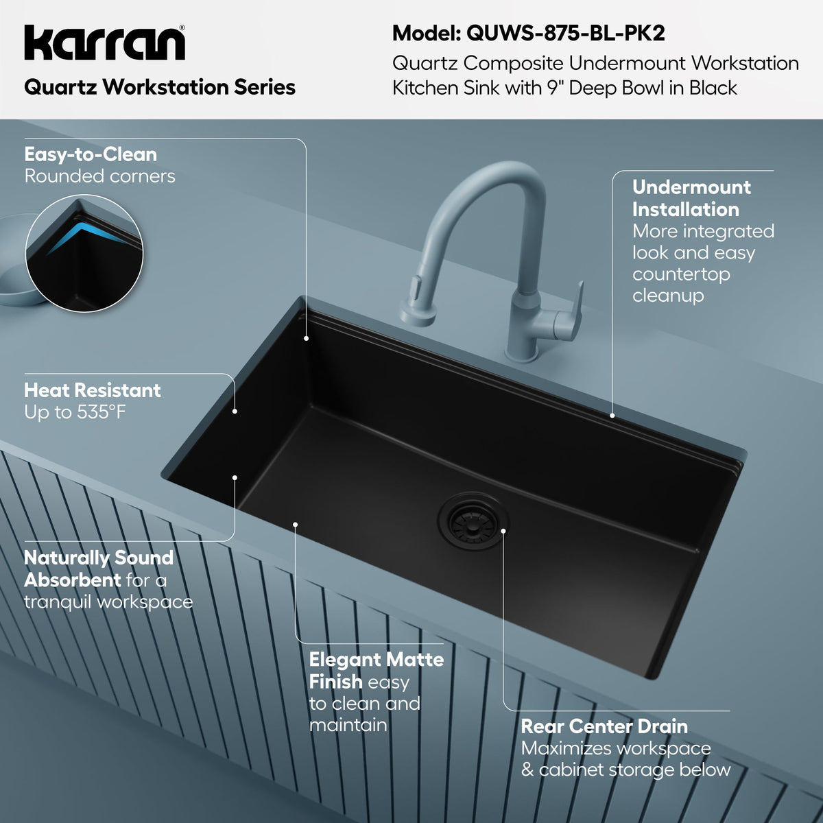 32" Undermount Single Bowl Quartz Kitchen Sink Kit In Black
