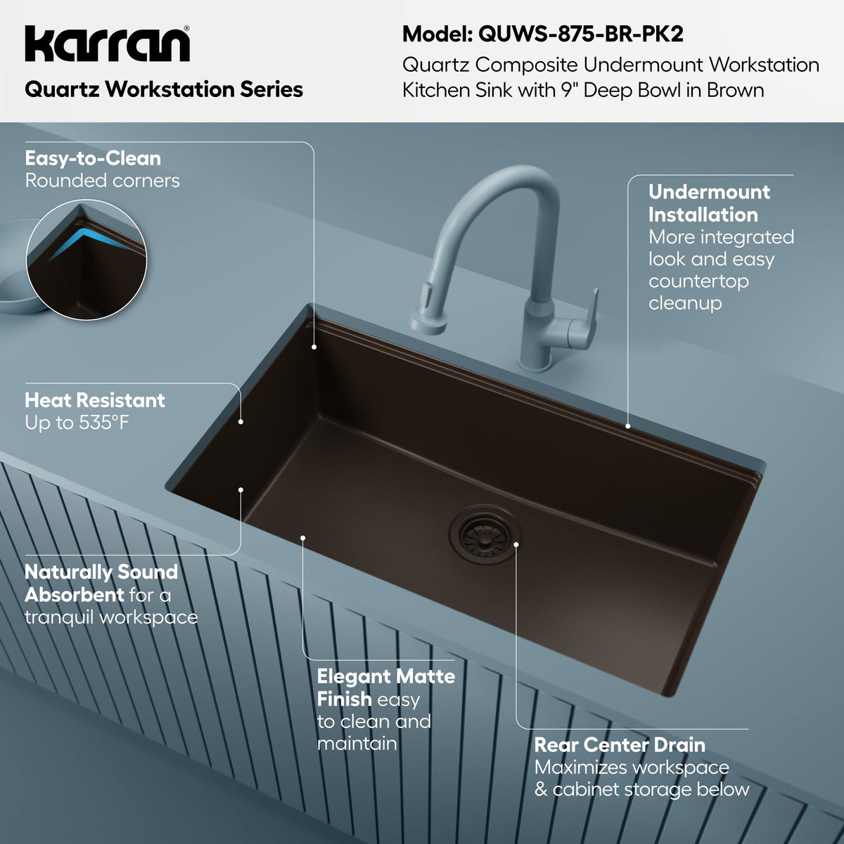 32" Undermount Single Bowl Quartz Kitchen Sink Kit In Brown