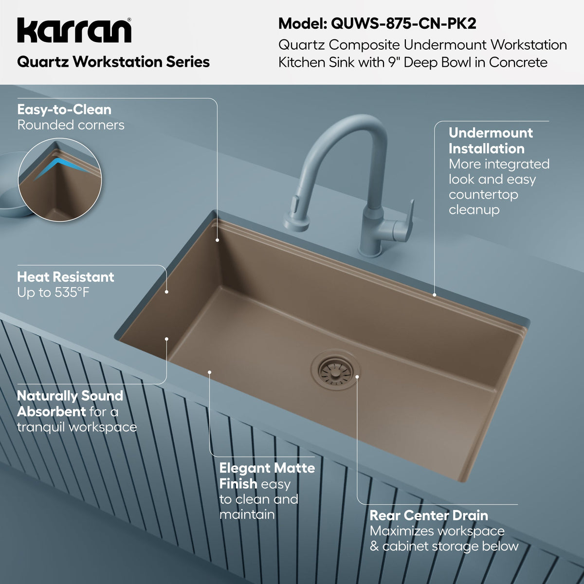 32" Undermount Single Bowl Quartz Kitchen Sink Kit In Concrete