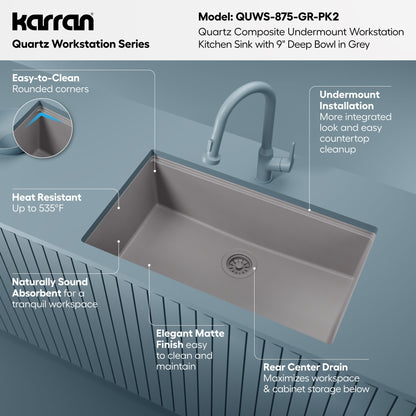 32" Undermount Single Bowl Quartz Kitchen Sink Kit In Grey