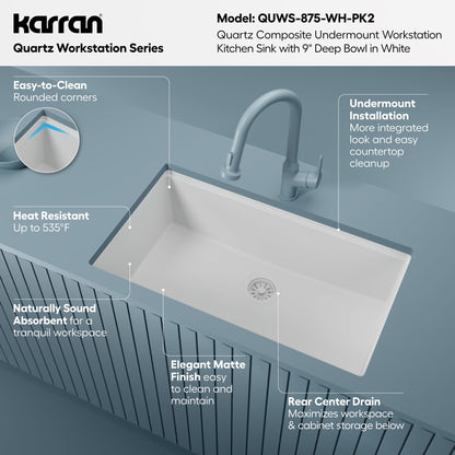 32" Undermount Single Bowl Quartz Kitchen Sink Kit In White
