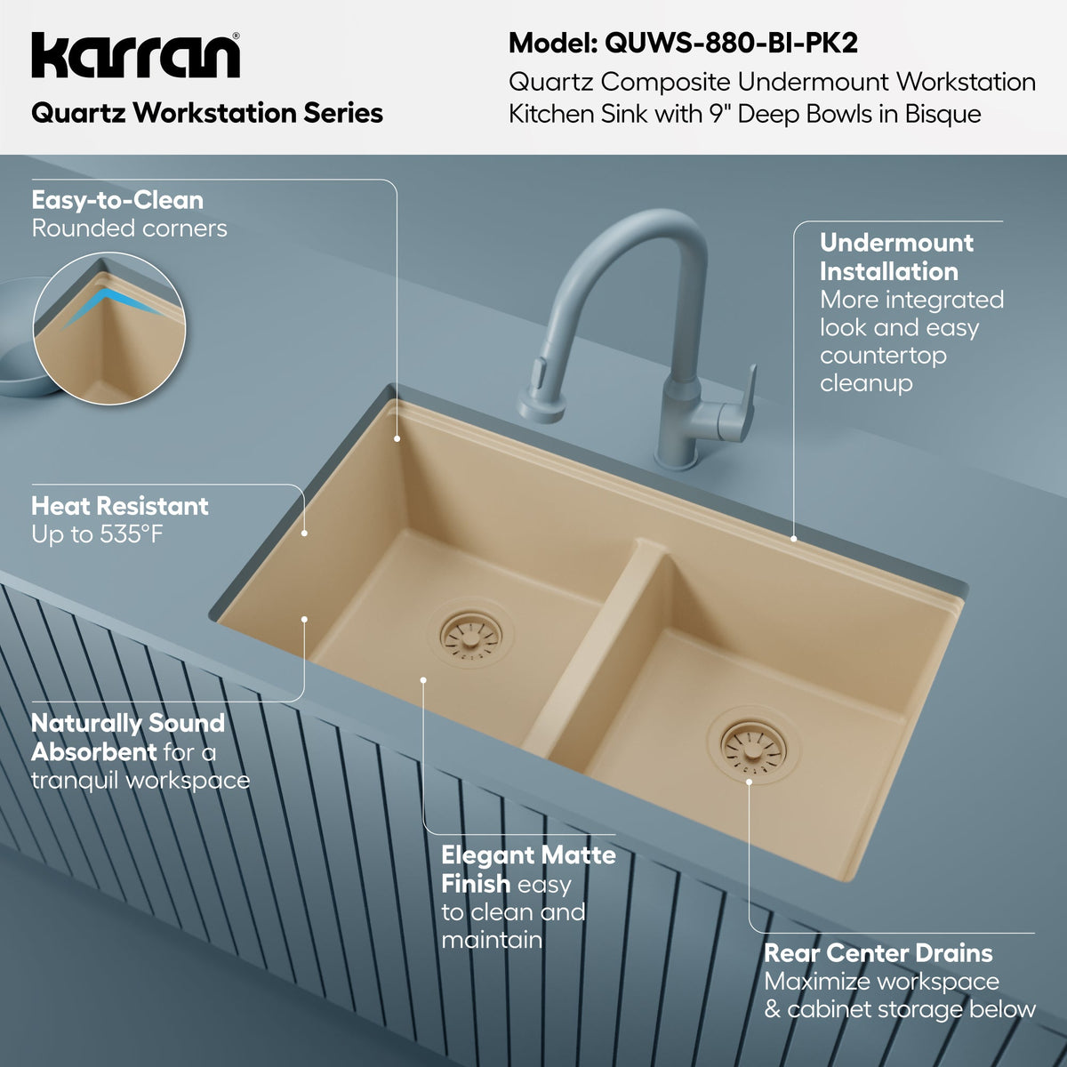 32" Undermount Double Bowl Quartz Kitchen Sink Kit In Bisque