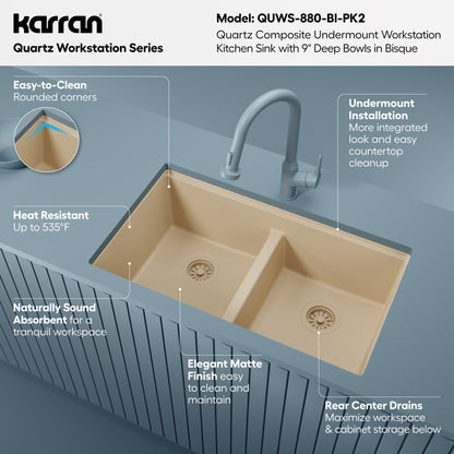 32" Undermount Double Bowl Quartz Kitchen Sink Kit In Bisque