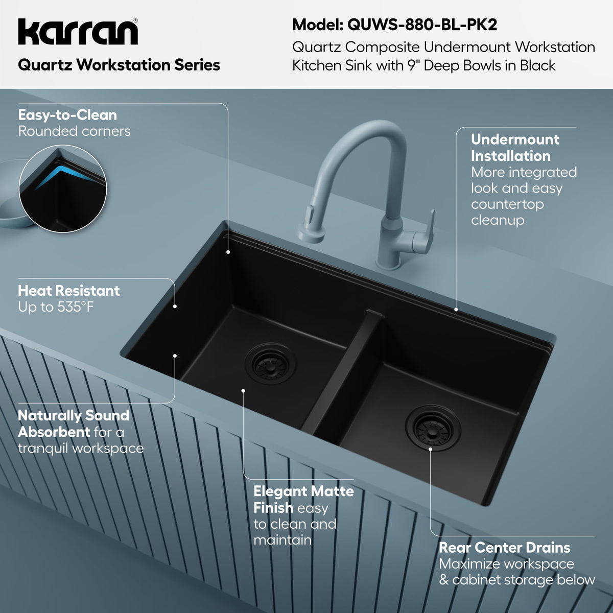32" Undermount Double Bowl Quartz Kitchen Sink Kit In Black