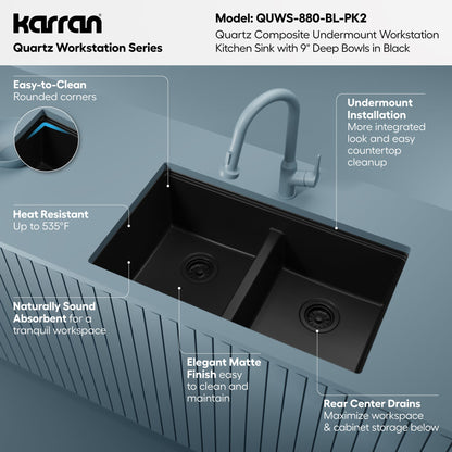 32" Undermount Double Bowl Quartz Kitchen Sink Kit In Black