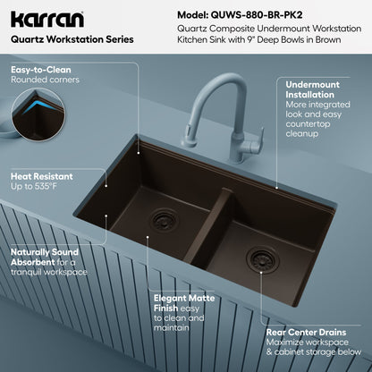 32" Undermount Double Bowl Quartz Kitchen Sink Kit In Brown