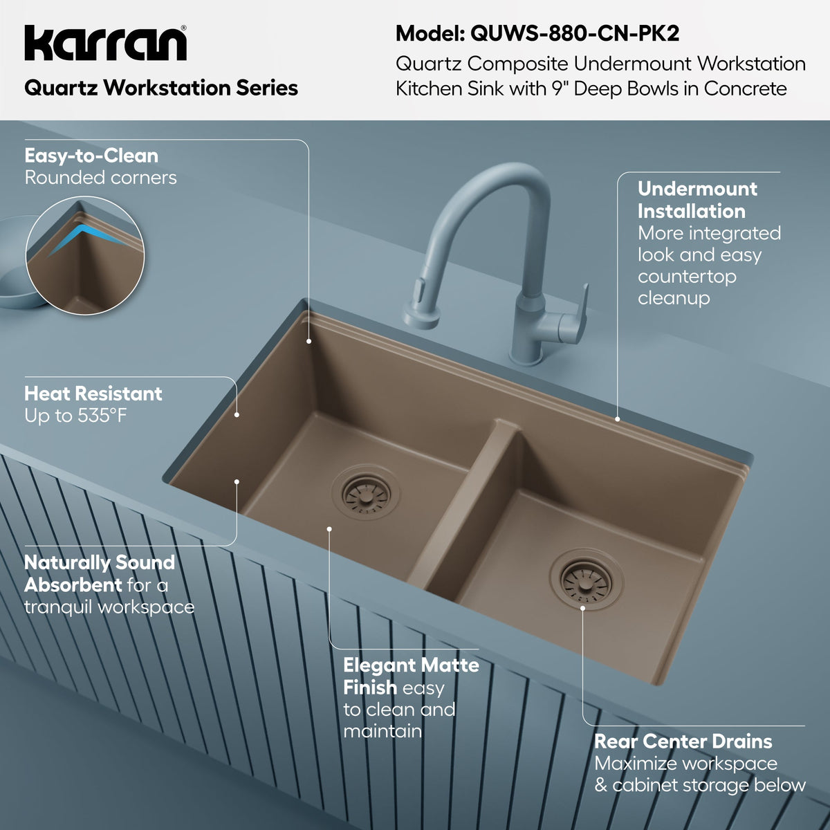 32" Undermount Double Bowl Quartz Kitchen Sink Kit In Concrete