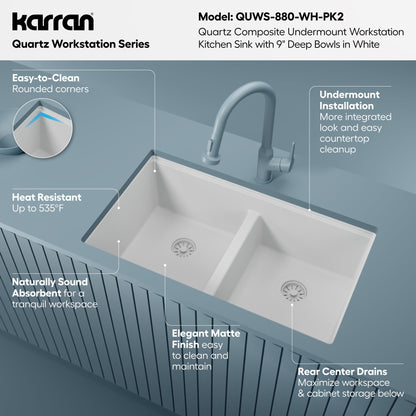 32" Undermount Double Bowl Quartz Kitchen Sink Kit In White
