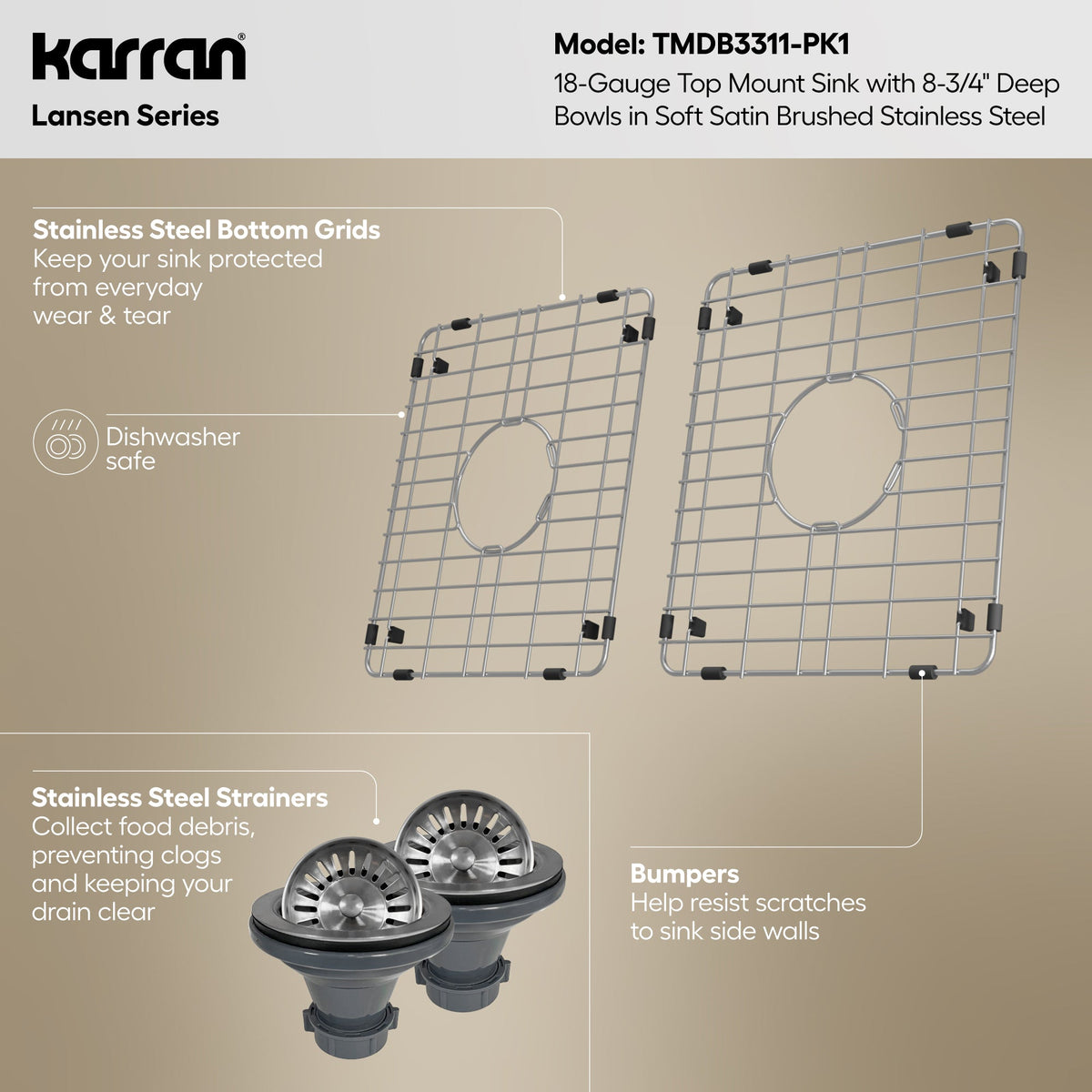 Lansen 33" Top Mount 18 Gauge Double Bowl Stainless Steel Sink with Accessories