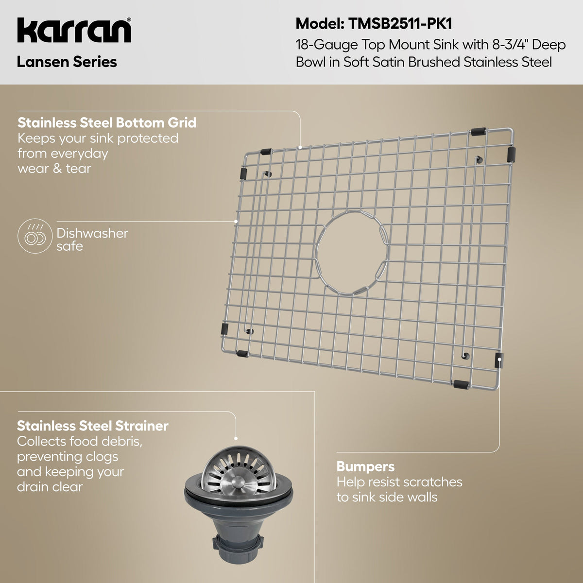 Lansen 25" Top Mount 18 Gauge Single Bowl Stainless Steel Sink with Accessories