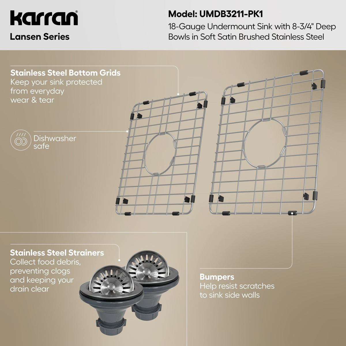 Lansen 32" Undermount 18 Gauge Double Equal Bowl Stainless Steel Sink with Accessories