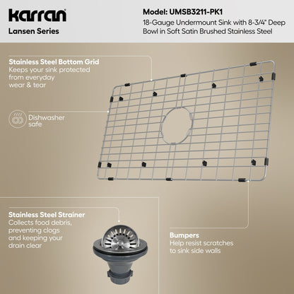 Lansen 32" Undermount 18 Gauge Single Bowl Stainless Steel Sink with Accessories