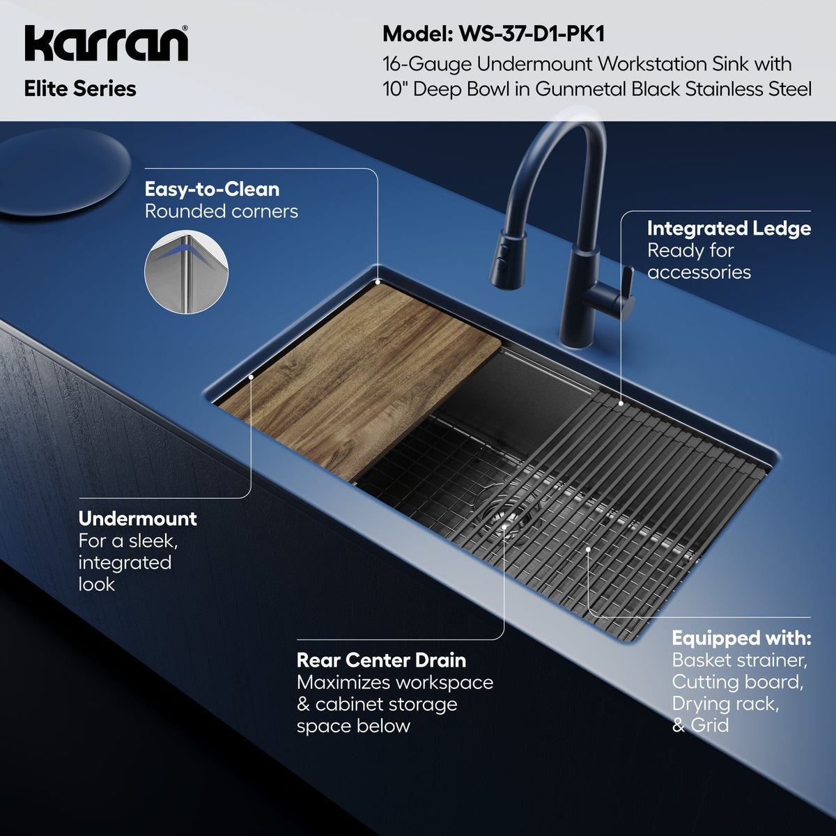 Elite 32" Undermount Workstation 16 Gauge Single Bowl Stainless Steel Kitchen Sink In Gunmetal Black