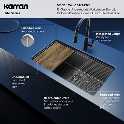 Elite 32" Undermount Workstation 16 Gauge Single Bowl Stainless Steel Kitchen Sink In Gunmetal Black