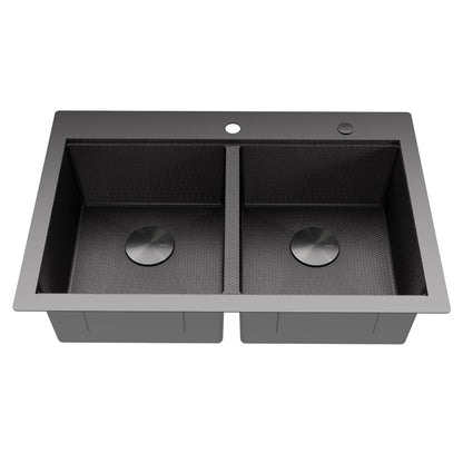 Matrix 33" Top Mount Workstation 16 Gauge Double Bowl Stainless Steel Kitchen Sink In Gunmetal Grey with Accessories