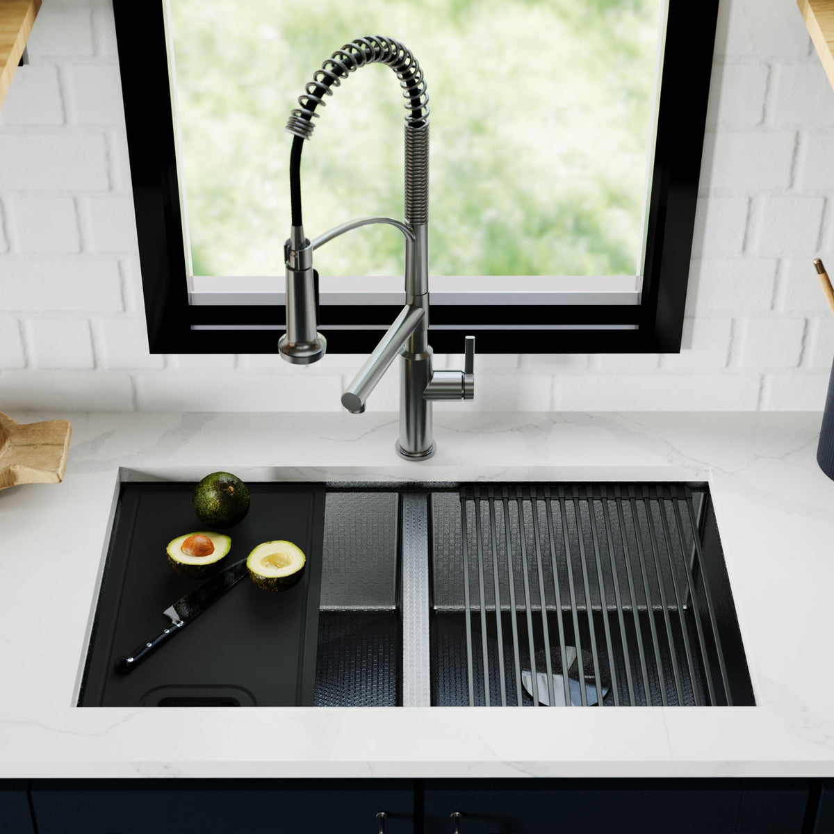Matrix 32" Undermount Workstation 16 Gauge Double Bowl Stainless Steel Kitchen Sink In Gunmetal Grey with Accessories