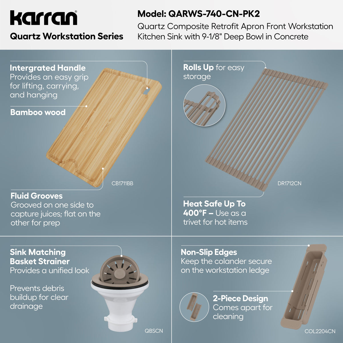 34" Apron Front Single Bowl Quartz Kitchen Sink Kit In Concrete