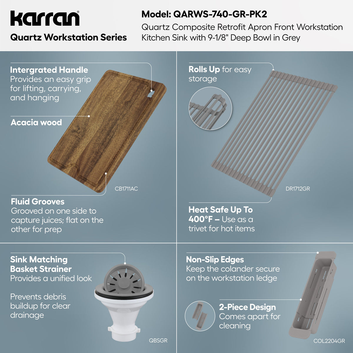 34" Apron Front Single Bowl Quartz Kitchen Sink Kit In Grey