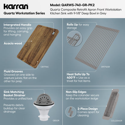 34" Apron Front Single Bowl Quartz Kitchen Sink Kit In Grey