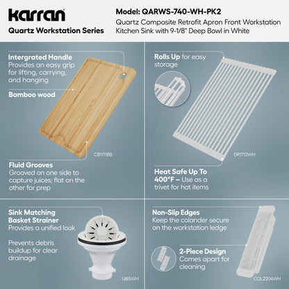 34" Apron Front Single Bowl Quartz Kitchen Sink Kit In White